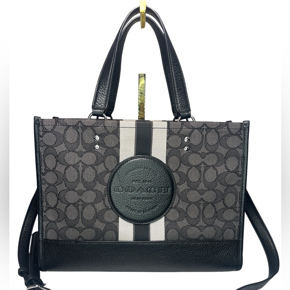 Coach Black and Cream Signature Stripe Jacquard Tote with Logo Patch